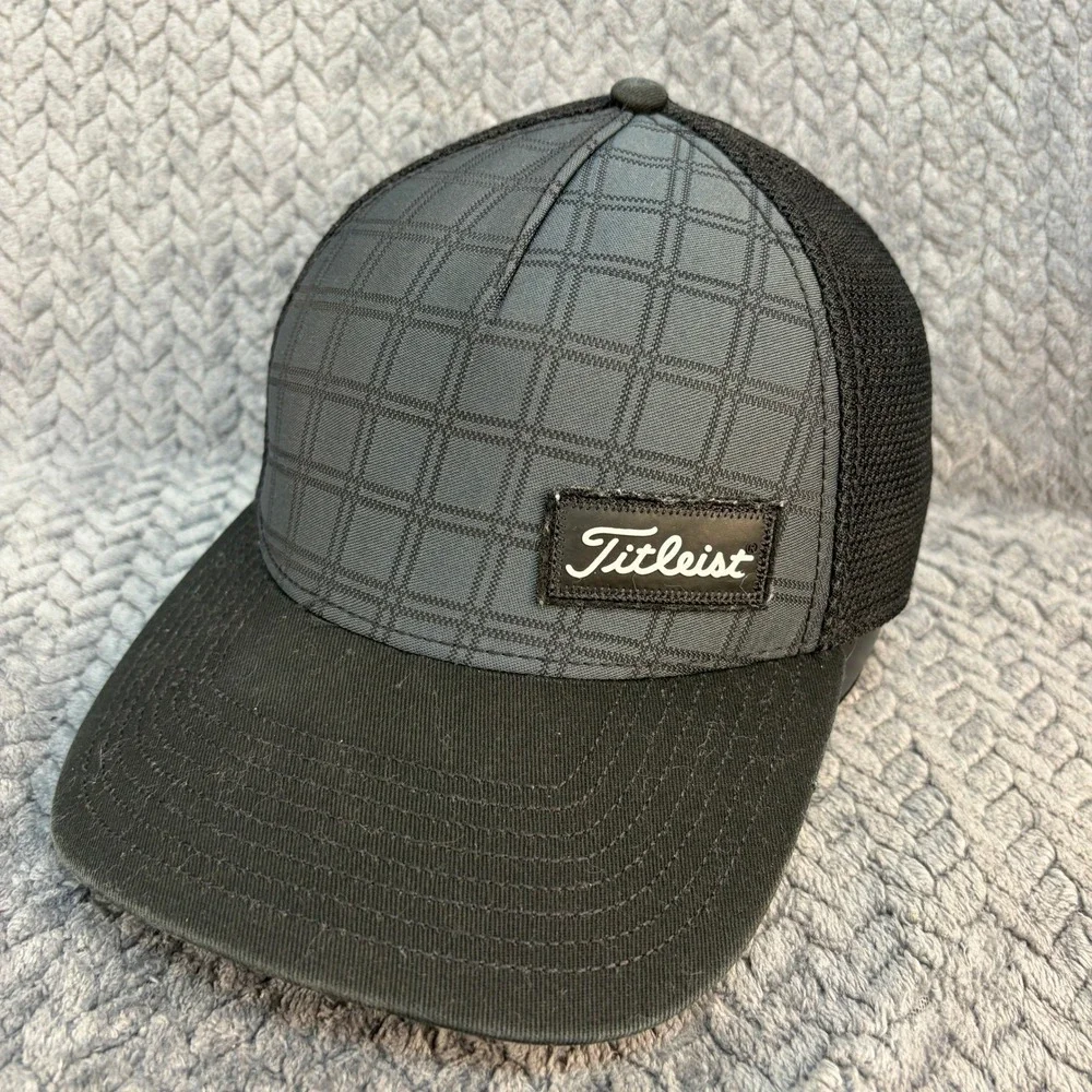 Titleist Golf Hat Grey Grid Black Mesh Snapback Trucker Cap Mens